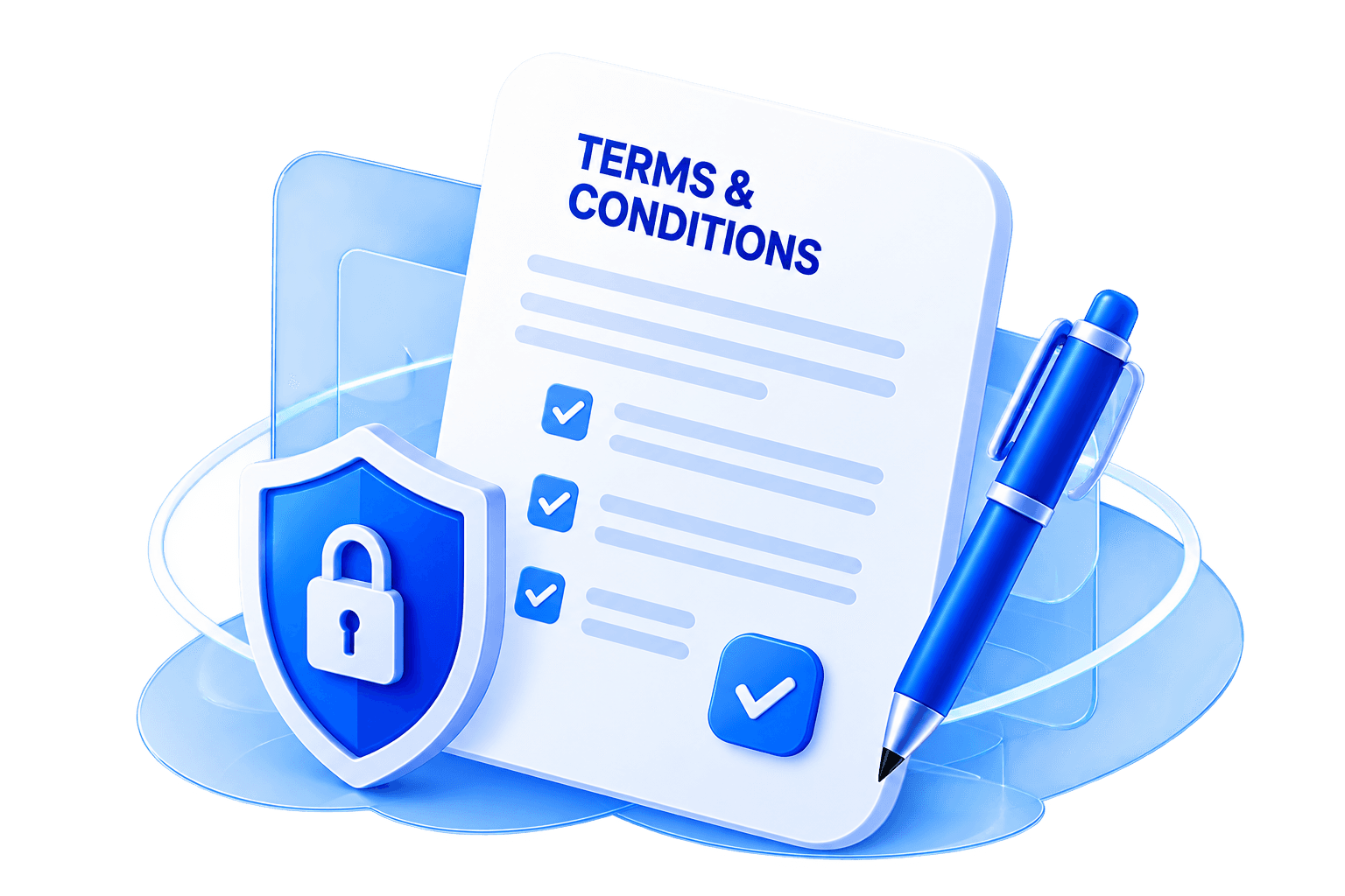 Terms and conditions document with a security shield and pen